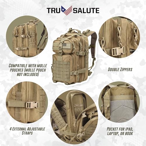 Tru Salute 45L Military Tactical Backpack Large Army 3 Day Assault Pack Molle Bug out Bag Rucksack (Tan) - Image 6