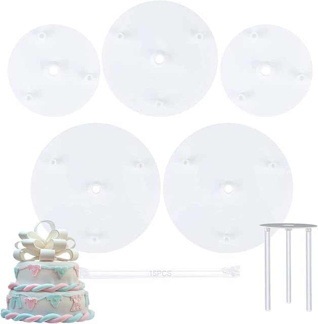 3 Layers Cake Round Stand Set, 20 PCS Transparent White Plastic Rods Baking Tool Kit 6/8 inch Easy Cut Support Stacking Fixing Spacers for Double Tiered Birthday Wedding Party Cake Layering