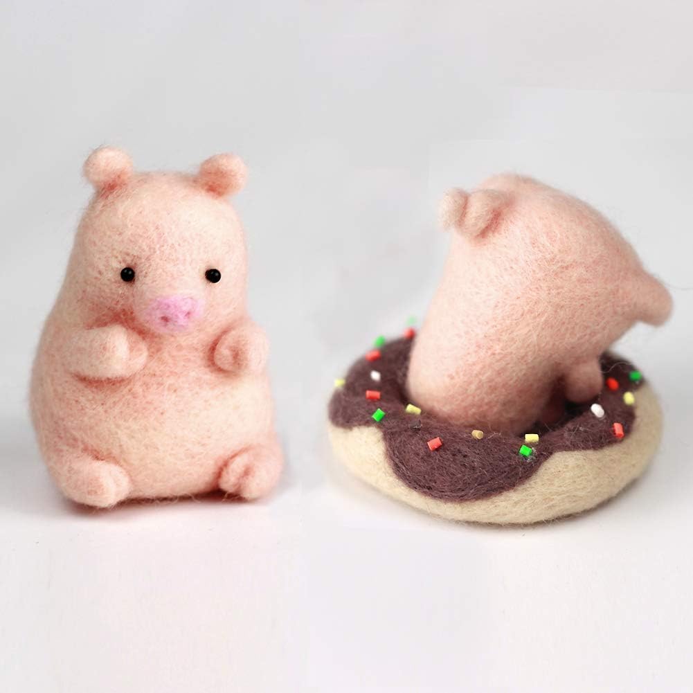 Artec360 Pig Love Donut Needle Felting Kits 70s (19um) Grade Merino Wool - Needles Finger Guards High-Density Foam Mat Instructions