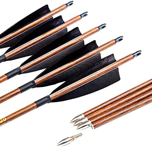 Pinals Archery Traditional Arrows 300 400 500 600 Spine Turkey Feather 32 Inch Carbon Shafts for Recurve Longbow Compound Bows Hunting Targets 12PCS(Brown 400)