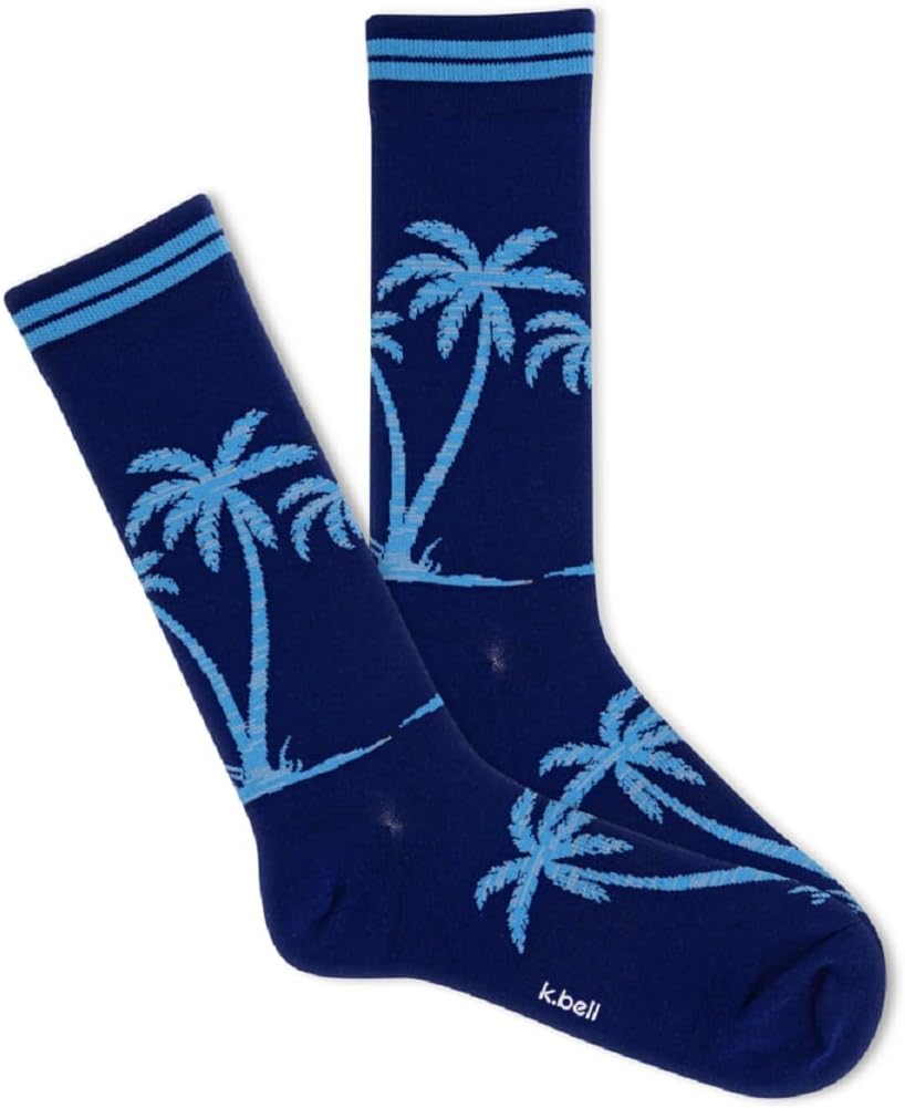 K. Bell Men's Random Feed Palm Tree Crew Socks 1 Pair, Cobalt Blue, Men's 10-13 Shoe