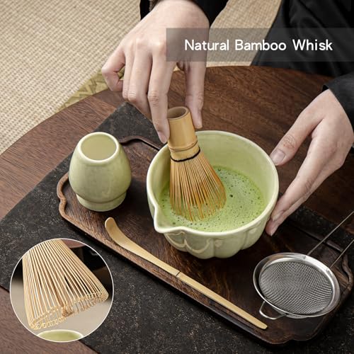 Matcha Whisk Set, Matcha Set Includes Ceramic Matcha Bowl, Bamboo Whisk, Scoop, Chasen Holder, Sifter, 5 Pcs Perfect Matcha Kit for Macha Lover (Mottled Green)