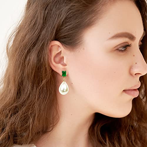 18K Gold Plated Pearl Drop Earrings Dangle Handmade Earrings With Emerald Green Earrings Pearl Dangle Earrings Vintage Pearl Earrings Emerald Earrings For Women Trendy #TOP2