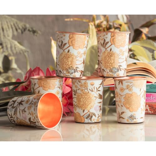 Image of INDIAN ART VILLA Copper Gold Flower Print Glass - 275 ML, Handcrafted Ayurvedic Copper Drinkware for Daily Use, Elegant Water Glass for Home, Office, and Special Gifting, Set of 6