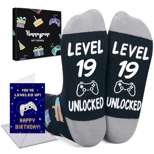 HAPPYPOP 19th Boy Birthday Gifts Ideas - Gaming Socks for Teen Boy, Birthday Presents with Greeting Card for 19 Year Olds Male