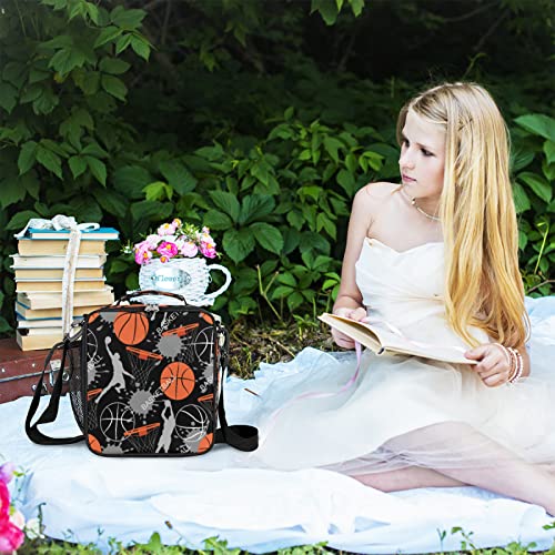 Basketball Kids Lunch Box Basketball Sport Insulated Lunch Bag Tote For Girls Boys, Cooler Freezable Meal Prep Bag With Shoulder Strap Waterproof Lunch Container For School Office Picnic #TOP4