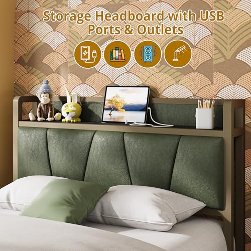 LIKIMIO Twin XL Bed Frame, Storage Headboard with Charging Station, Solid and Stable, Noise Free, No Box Spring Needed, Easy Assembly (Dark Green)