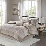 Madison Park Luxury Comforter Set-Traditional Jacquard Design All Season Down Alternative Bedding, Matching Bedskirt, Decorative Pillows, King(104'x92'), Ava, Pieced Taupe 7 Piece