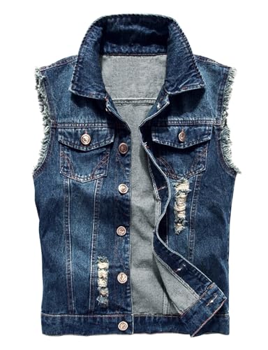 LONGBIDA Men's Denim Vest Casual Slim Fit Sleeveless Jacket Vintage Ripped Summer Jean Vests