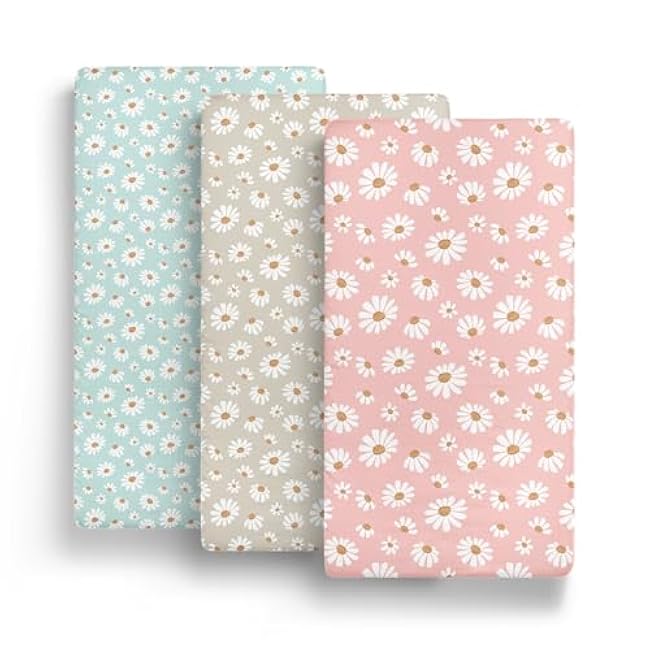 The Peanutshell 3-Pack Fitted Playard Sheets - Soft & Breathable Baby Girl Mini Crib Sheets, Pack N Play Mattress, Fits Standard Playard Pack Play Mattresses - Daisy Dreams