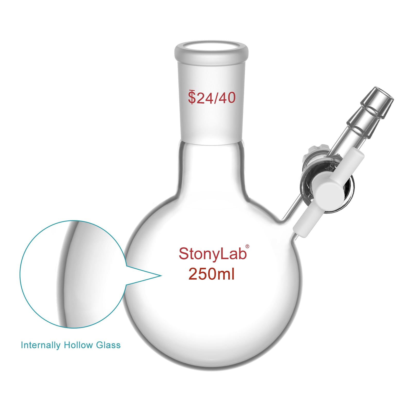 stonylab Matraz de Reacción, Matraz de Reacción de Vidrio de Borosilicato de Cuello único con Junta 24/40 y Válvula de Llave de paso de PTFE, Matraz de Fondo Redondo de 250 ml