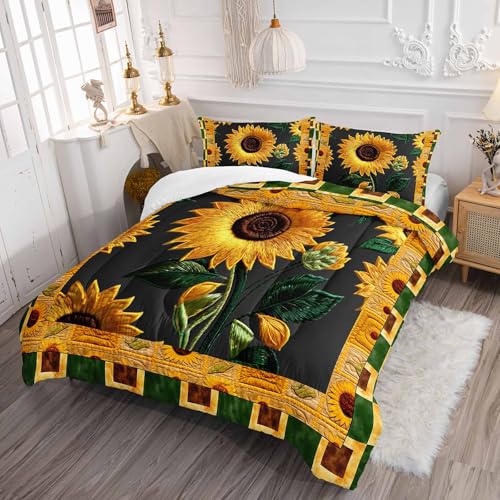Image of AILONEN Sunflower Bedding Set Full Size- Yellow Green Flower Boho Exotic Comforter Set,3-Piece Kids Girls Women Soft Floral Quilt with 2 Pillowcases