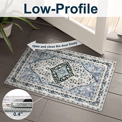 Beeiva Boho Entryway Throw Small Area Rug, 2X3 Blue Persian Floral Non Slip Washable Rug Floor Carpet For Doorway, Vintage Distressed Non-Shedding Rug For Kitchen Bathroom Bedroom Entryway #TOP2