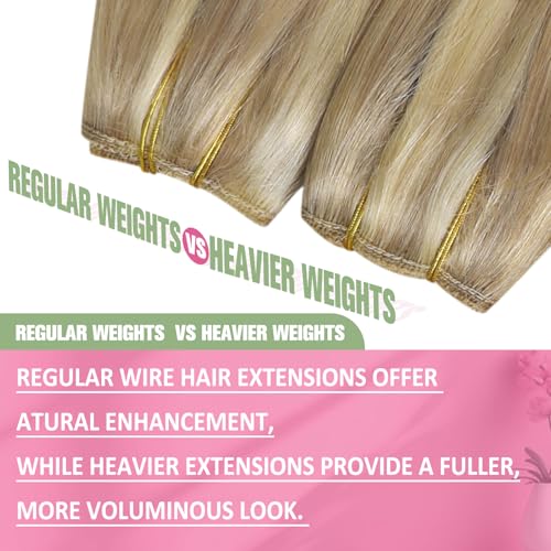 Image of YoungSee Wire Hair Extensions Blonde, 12 Inch 75g Short Straight Human Hair Wire Extensions, Golden Blond with Light Blonde Highlights, One Piece Hair Extensions, Easy to Wear for Beginners