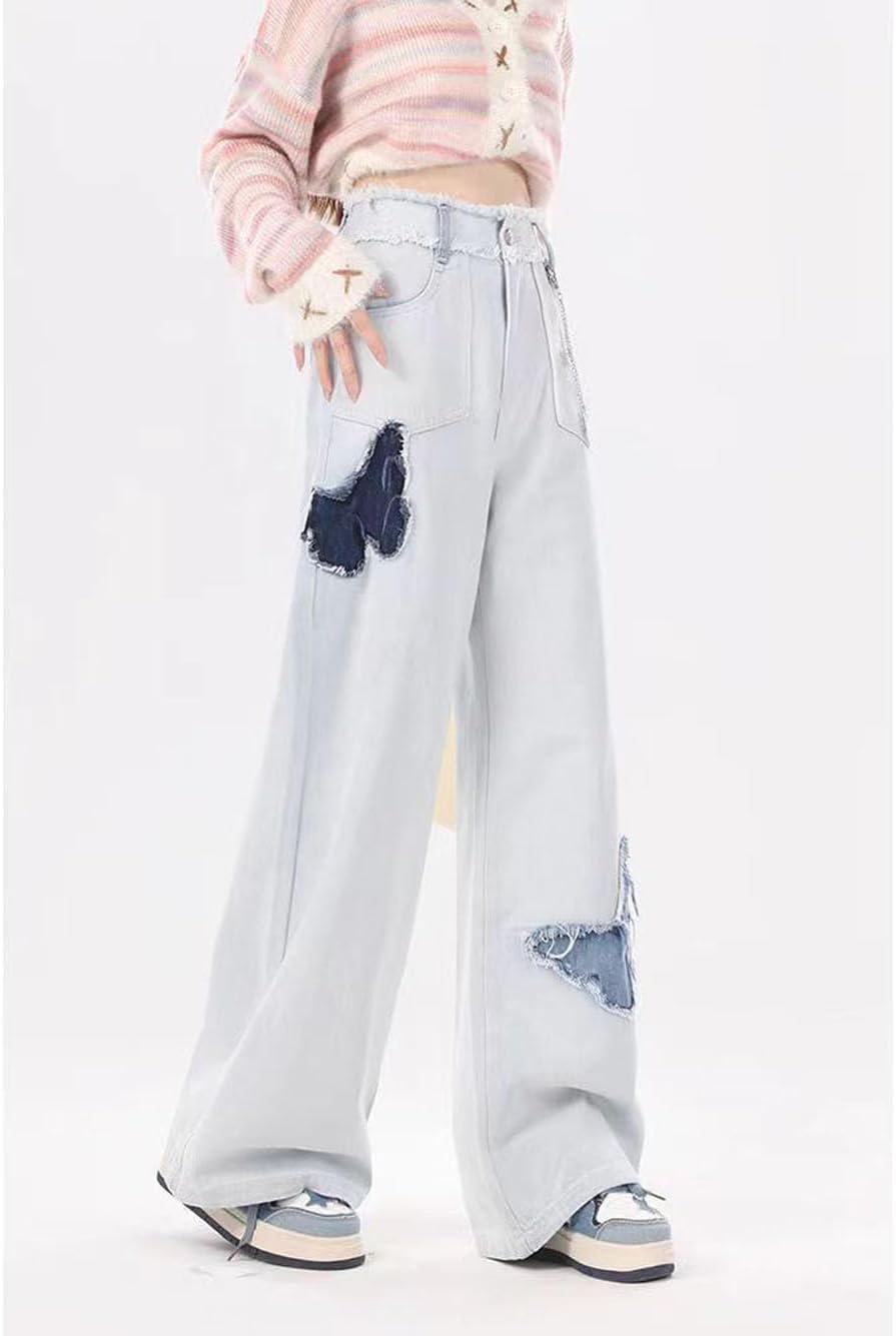 LAFOURAM Petite Jeans for Women 5 FT Short Wide Leg Baggy Y2K Butterfly Patchwork Denim Pants