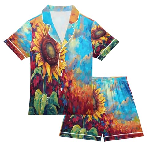senya Pajama Sets Silky Button Down Nightwear Sleepwear Size 5-14 Years Sunflower Oil Painting