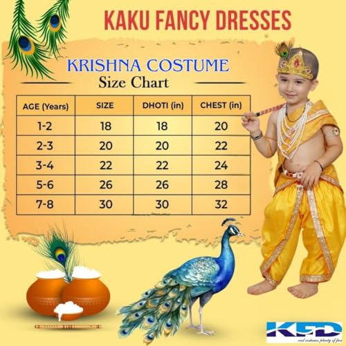 Image of Kaku Fancy Dresses Krishna Costume With Dhoti For Boy /Janmashtami /Bal Gopal Dress /Kanha Costume /Bal Krishna /Mythological Costume For Boy - Yellow-Red, 1-2 Years