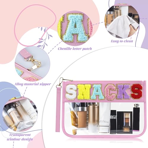 BuyCard Chenille Brief Tasche,wasserdicht Reise Snack Pouch mit Glitter Patch Buchstaben,Reise Make upTasche mit Reißverschluss, Kulturbeutel mit adrettem Aufnäher, für Damen und Kinder. (PINK)