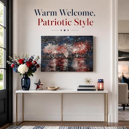 Image of Patriotic 4th of July Fireworks Framed Canvas Wall Art, Red White Blue City Night Skyline Painting, Independence Day Holiday Decor for Living Room, Bedroom, Kitchen and Home Decoration