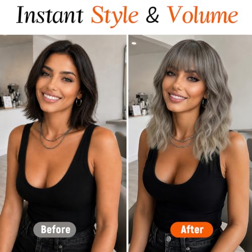 Image of Nnzes Ash Wigs for Women 16 Inch Synthetic Short Curly Wig with Bangs | Ash Brown Ombre | Natural Looking | Soft Wavy | Heat Resistant | Shoulder Length | Beginner Friendly | Daily Cosplay