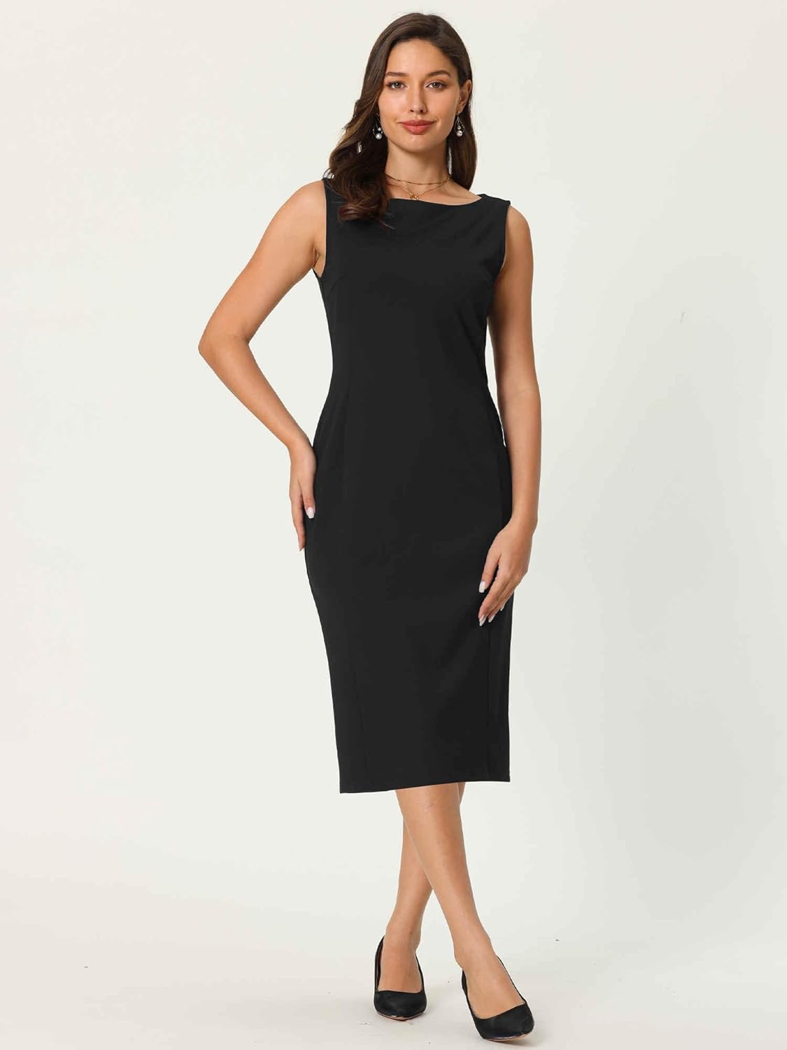 Women's Sleeveless Sheath Dress Boat Neck Casual Office Pencil Dresses - Image 2