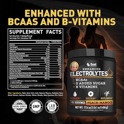 Image of Zeal Electrolyte Powder - 90 Servings | Keto Electrolytes Powder | Zero Sugar, BCAAs, B-Vitamins | Potassium, Zinc, Magnesium | Hydration Powder Recovery Drink | Peach Mango