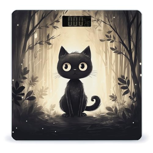Báscula digital de baño con diseño gato negro y plataforma de vidrio miniatura 1
