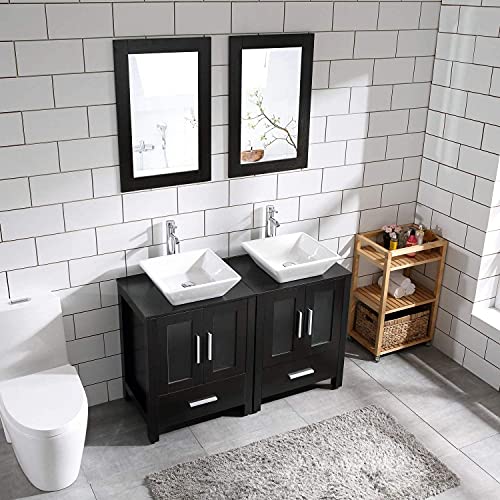 48\" Bathroom Vanity Cabinet and Sink Combo Double Top w/Vessel Sink,Mirror,Faucet&Draint Set (Black)…