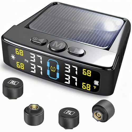 Tire Pressure Monitoring System, Tire Pressure Monitor System with Solar Charge, RV TPMS with 4 External sensors & 6 Alarm Modes, LCD Real-time Display, Auto OFF/ON, TPMS for Trailer/SUV/Truck 0-88PSI