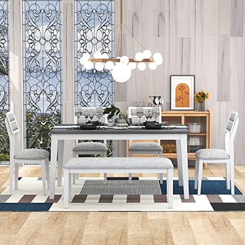APRILSOUL Classic and Traditional Style 6-Piece Dining Set, Includes 1 Table, 4 Upholstered Chairs & Bench, Easy to Assemble, for Living, Guest Room, Home Bar and Kitchen, White+Gray