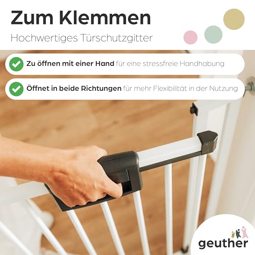 Geuther Türschutzgitter Easylock Plus | Treppenschutzgitter ohne Bohren Breite 68-76 cm | Türgitter Baby Holz-Metall | Kinderschutzgitter beidseitig öffnend | Kindersicherung Tür | Weiß