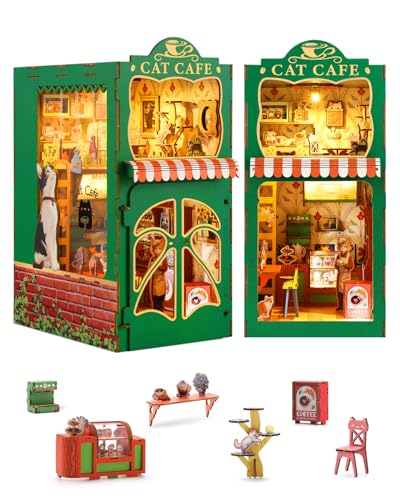 Blumuze Book Nook Kit Cat Cafe for for Adults 14+,3D Wooden Puzzle DIY Miniature Model Build Kits for Adults,Bookshelf Decor, for Friends Christmas Birthday Gifts, Bookcase Decoration