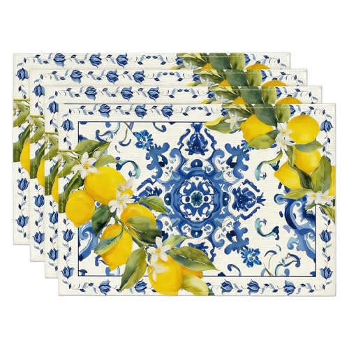 Lot de 4 sets de table au citron, 30 x 45 cm, lavables, décoration italienne, citron, décoration méditerranéenne, pour cuisine, salle à manger, été, décoration citron, décoration d'extérieur