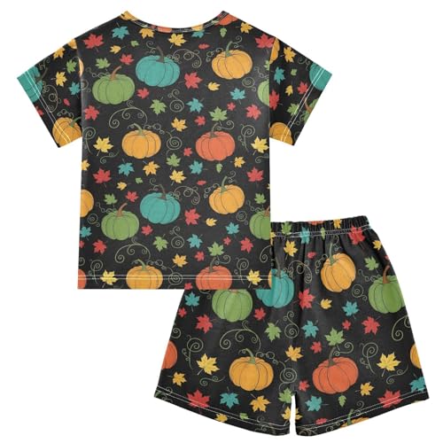 Pajama Short Sets Autumn Pumpkins Leaves Pattern Soft Cotton Summer Sleepwear 2 Piece PJS Size 5-14T2