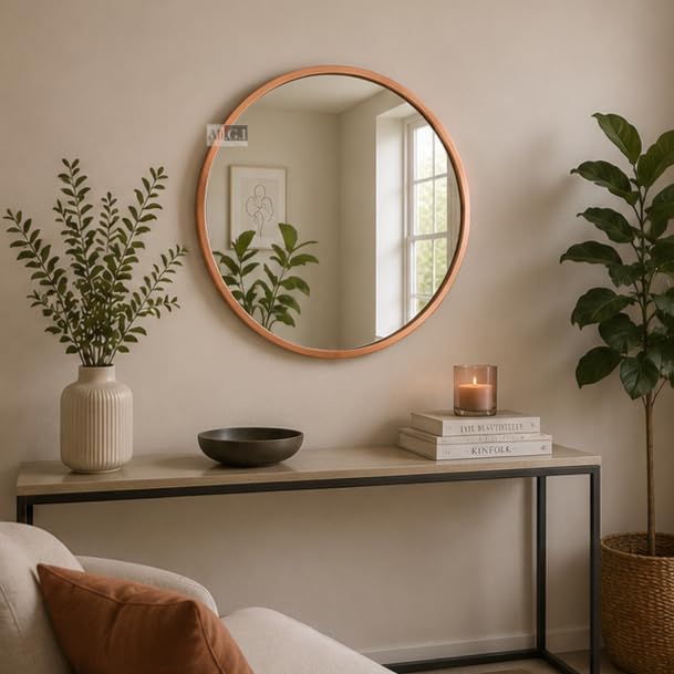 Image of Round Wall Mirror in Gold I Metal Frame Mirror I Modern Design Metal Frame Mirror in Medium Size I Bathroom Wash Basin, Bedroom, Drawing Room (Rose Gold 20 inch)