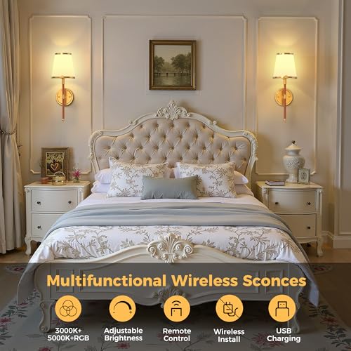 Image of DORESshop Battery Operated Wall Sconce Set of 2, Wireless Wall Light Easy to Install, 7 Color Rechargeable Wall Sconces, Sconce Wall Decor Set of 2 for Bedroom, Living Room, Gold and Leather, 18.7in