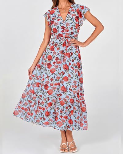 Image of BTFBM Women Summer Bohemian Floral Casual Wrap V Neck Ruffle Cap Sleeveless Belt A-Line Pleated Hem Midi Sun Dress White