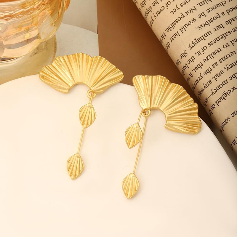 Bohemia Statement Leaf Stud Earrings for Women Retro Leaf Fan Shape Leaf Earrings Fashion Chunky Gold Plant Earring Bohemian Flower Earring Vacation Jewelry Gift - Image 7