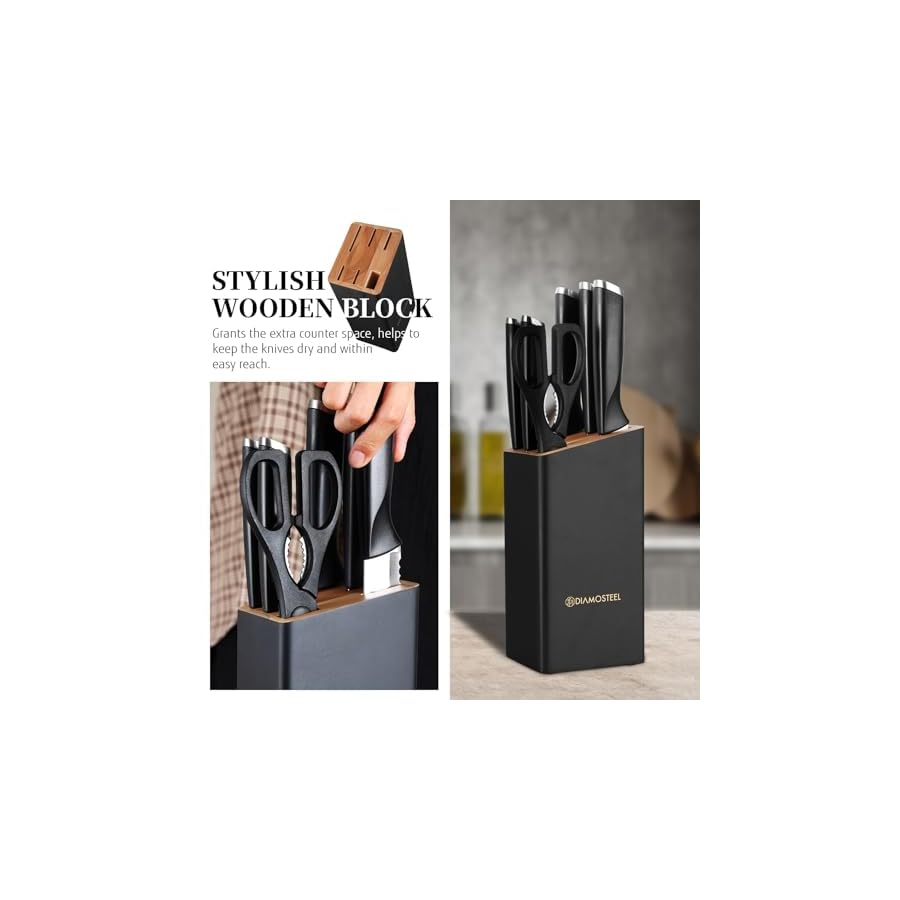 Black-Knife-Set-with-Block-7-Pieces-Sharp-Knife-Block-Set-with-Stainless-Steel-Blade-and-Ergonomic-Handle-Chef-Slicing-Bread-Utility-Paring-Knife-Kitchen-Scissors-and-Wooden-Block Diamosteel Black Knife Set with Block, 7 Pieces Sharp Knife Block Set with Stainless Steel Blade and Ergonomic Handle, Chef, Slicing, Bread, Utility, Paring Knife, Kitchen Scissors and Wooden Block