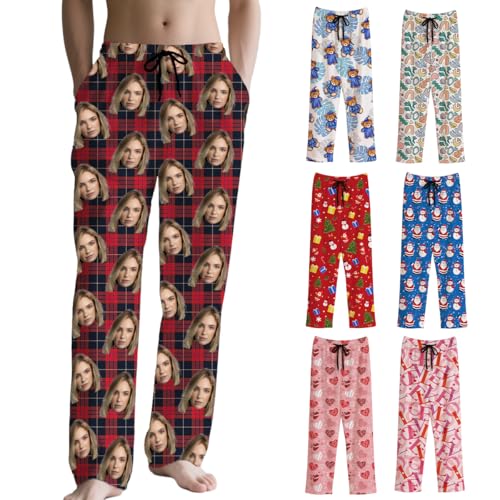 Pantalón Pijama Hombre Personalizado con Foto de Cara Pantalones de Pijama Hombre invierno Personalizada con Mascota Foto Pijamas Regalos Navidad, Aniversario o Halloween para Pareja Familia Amigos