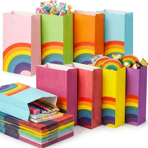 LovesTown 24 Pcs Rainbow Party Favor Bags with Stickers - 8.7"x4.7"x3.1" Colorful Goodie Treat Bags in 8 Vibrant Colors for Kids Birthday, Baby Shower, Wedding & Gift Packaging