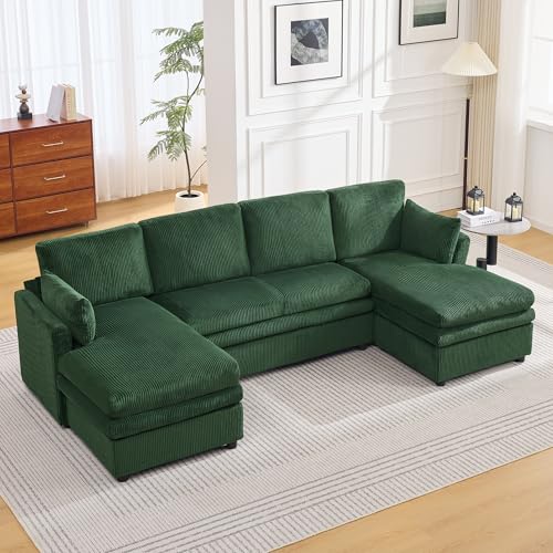 Image of 110 inch Sectional Couches with Double Chaises, Comfy Deep Dual-Layer Cushion Couch, 6 Seater U Shaped Couch, Modern Modular Sofa, Corduroy Sofas for Living Room, Apartment, Green
