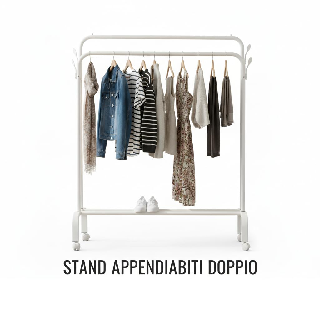 Oceano Stand Appendiabiti Doppio Stender Professionale in Acciaio, Salvaspazio, con Ganci Laterali e Ripiano Inferiore per Scarpe Design Minimal 150x110x50cm (Bianco Con Ruote)
