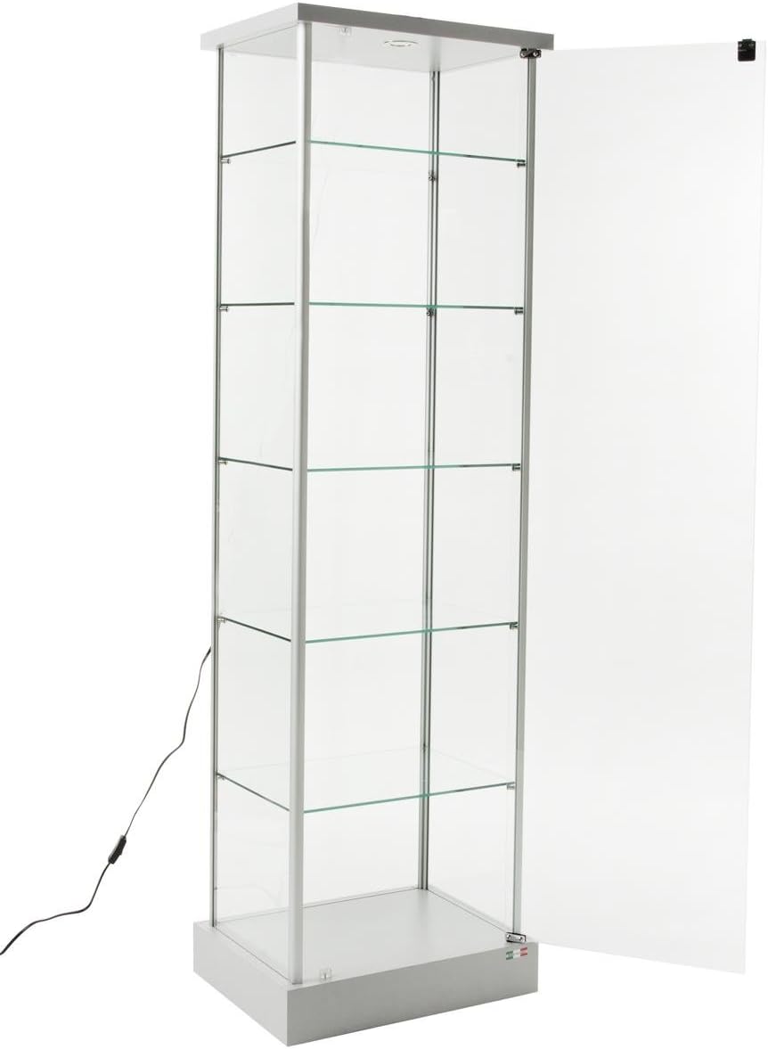 Displays2go Glass Tower Showcase, 5 Adjustable Shelves, Wheels, LED Light, Silver (153CPLEDSL)