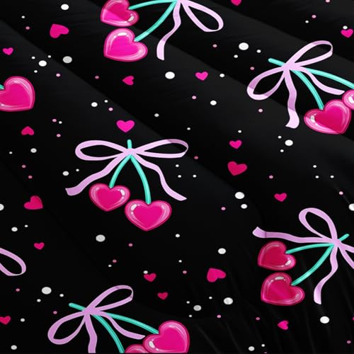 Image of AILONEN Pink Heart Cherry Comforter Full 3 Piece Black Coquette Aesthetic Bedding Set Girly Ribbon Bowknot Quilt Microfiber Y2K Room Decor Lightweight Breathable Pack Includes 2 Pillowcases