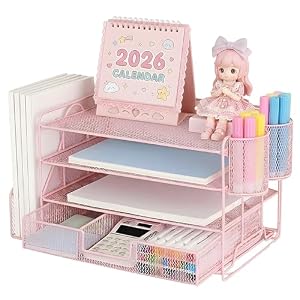 オフィス 卓上金属ファイル収納ラック 1個セット 多層スライド式トレイ A4書類整理ラック 省スペース デスク収納 事務用整理棚 (ピンク) [並行輸入品]