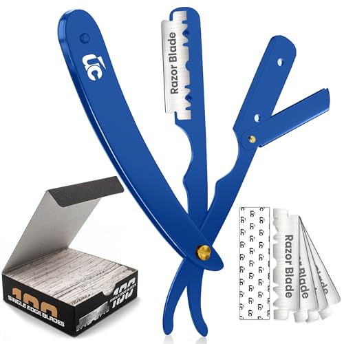 Image of Utopia Care Professional Straight Razor for Men, Barber Straight Edge Razor Safety with 100 Pack Blades, Blue