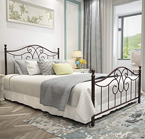 Yerperfo Vintage Sturdy Metal Bed Frame Queen Size With Vintage Headboard And Footboard Platform Base Bed Frame No Box Spring Needed Steel Bed，Antique Brown，Queen. #TOP1