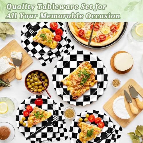 Image of 75 Pcs Black Checkered Paper Plates and Napkins&Forks for Party, 7inch