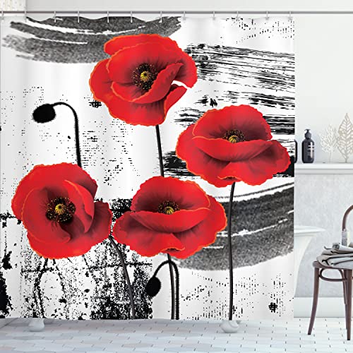 Ambesonne Poppy Flower Shower Curtain, Composition of Blossomings with Grunge Brush Background, Cloth Fabric Bathroom Decor Set with Hooks, 69